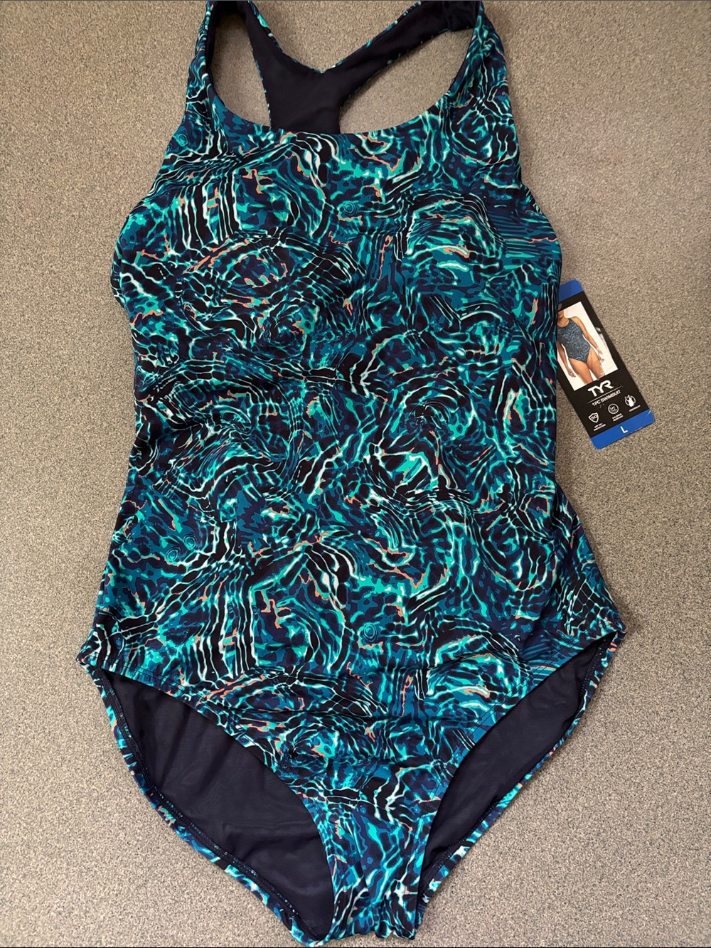 NWT TYR Teal & Navy Abstract One-Piece Swimsuit